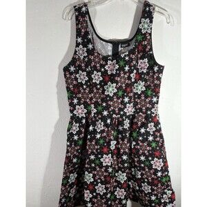 RetroLicous Women’s XL Christmas Dress Black Cotton Midi Red, Gr & Wh Snowflakes